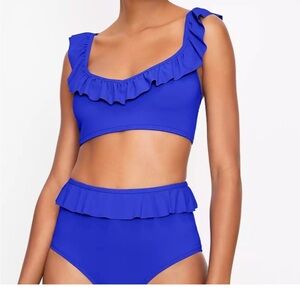 Loft LOFT Beach Ruffle High Waist Blue Bikini Set Size Medium